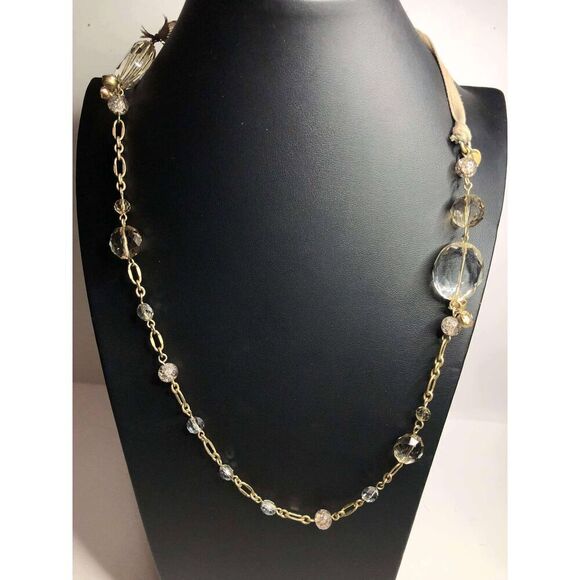 2013 TALBOTS Gold tone Champange & Clear bead ribbon necklace - Picture 1 of 3
